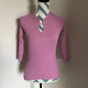 INC Pink Ribbed Shirt, 3/4 Sleeves, Peephole Neckline, Silver Accent, S Medium